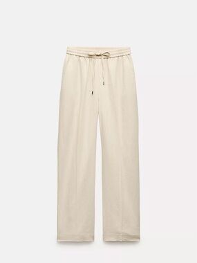 Zara Beige Linen-Blend Straight Pants